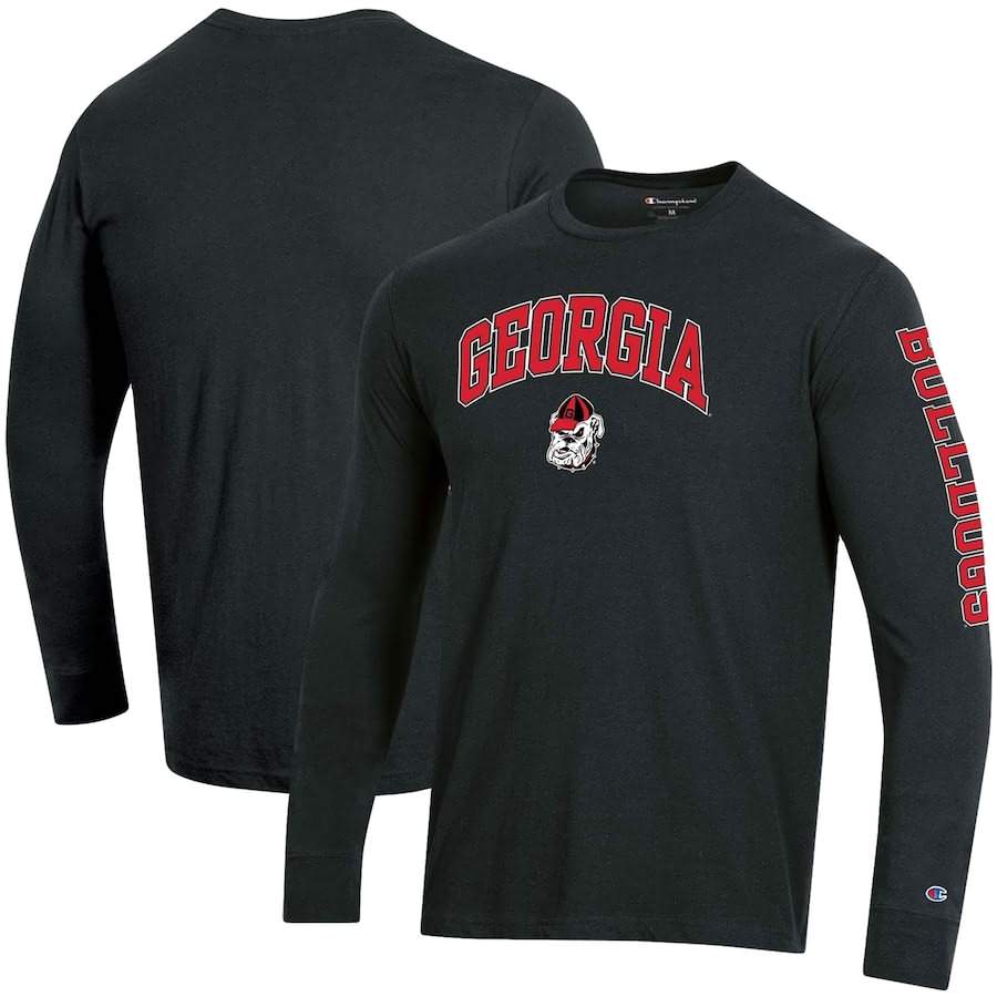 Men's Georgia Bulldogs Black Champion Long Sleeve 2-Hit Arch & Logo College NCAA Football T-Shirt YFI26M1E