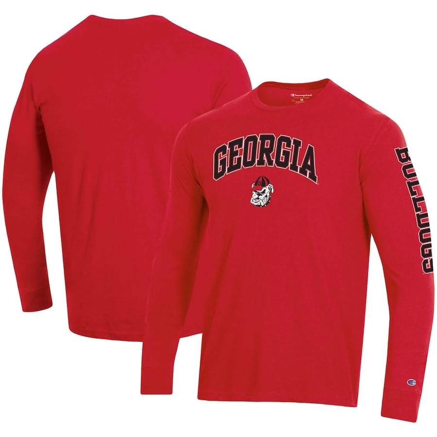 Men's Georgia Bulldogs Red Champion Long Sleeve 2-Hit Arch & Logo College NCAA Football T-Shirt XZU55M3I