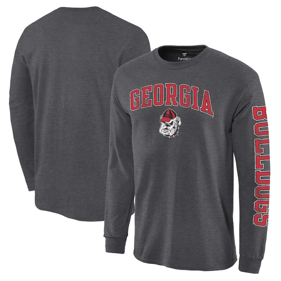 Men's Georgia Bulldogs Distressed Arch Over Logo Charcoal Hit Long Sleeve College NCAA Football T-Shirt ASD56M8Q