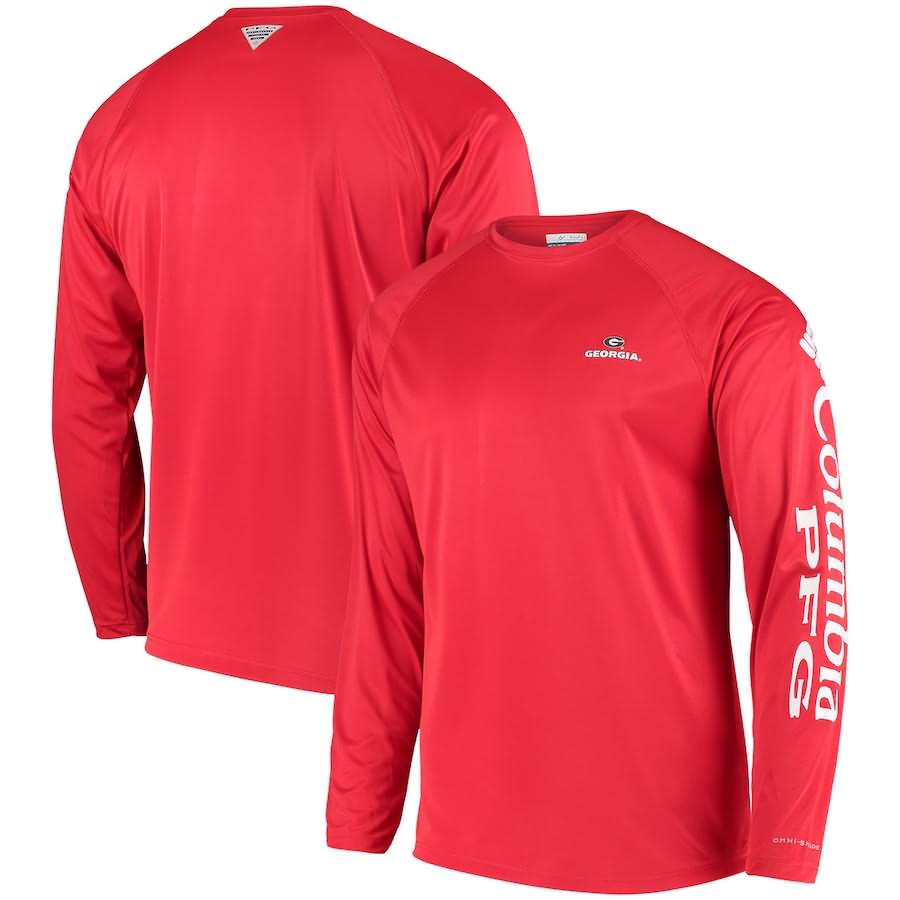Men's Georgia Bulldogs Red Columbia PFG Long Sleeve Terminal Tackle Omni-Shade College NCAA Football T-Shirt FET15M6N