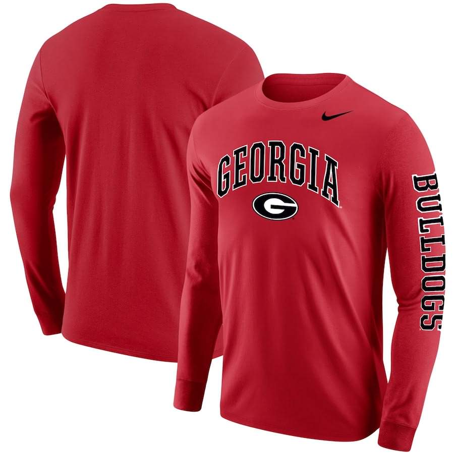 Men's Georgia Bulldogs Arch & Logo Red Long Sleeve Two-Hit College NCAA Football T-Shirt YAV87M3Y