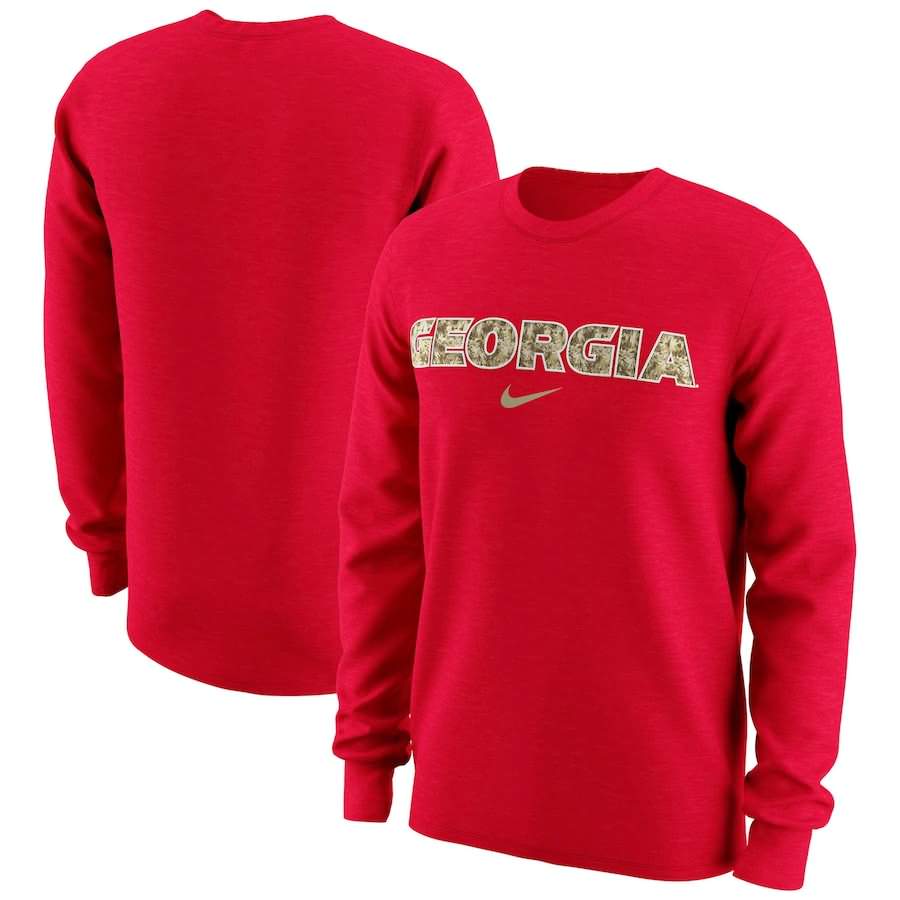 Men's Georgia Bulldogs Wordmark Camo Red Long Sleeve College NCAA Football T-Shirt WYN07M2D