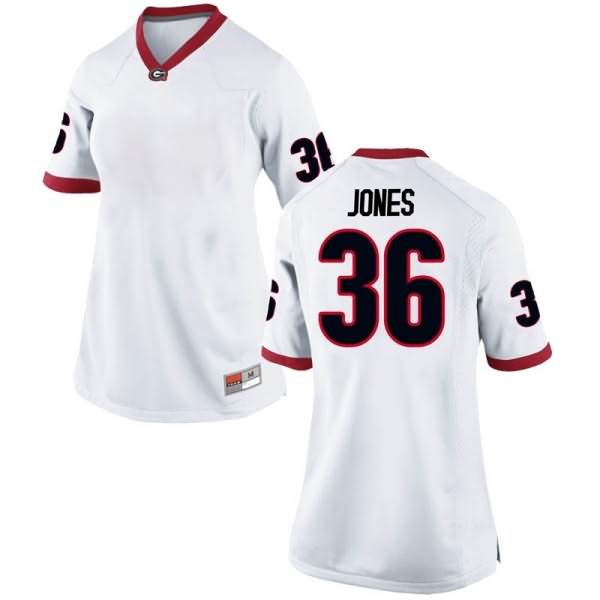 Women's Georgia Bulldogs #36 Garrett Jones White Replica College NCAA Football Jersey DRB35M4Q