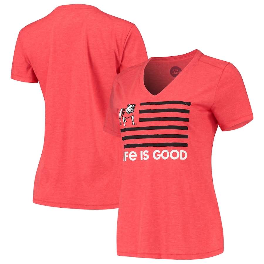 Women's Georgia Bulldogs Red Life is Good Flag V-Neck College NCAA Football T-Shirt EKS38M7Y