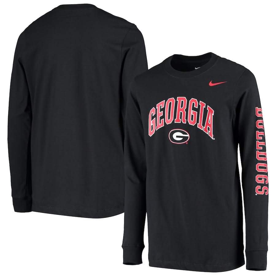 Youth Georgia Bulldogs Arch & Logo Black Long Sleeve 2-Hit College NCAA Football T-Shirt HKR63M8L